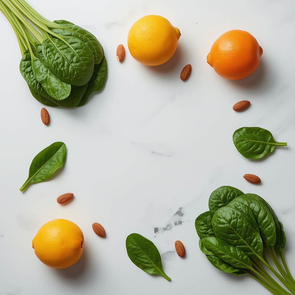A flatlay arrangement of fresh vibrant green organic spinach, bright citrus fruits, and scattered almonds on a seamless pristine white marble countertop, professional soft studio lighting, sharp focus --no woman